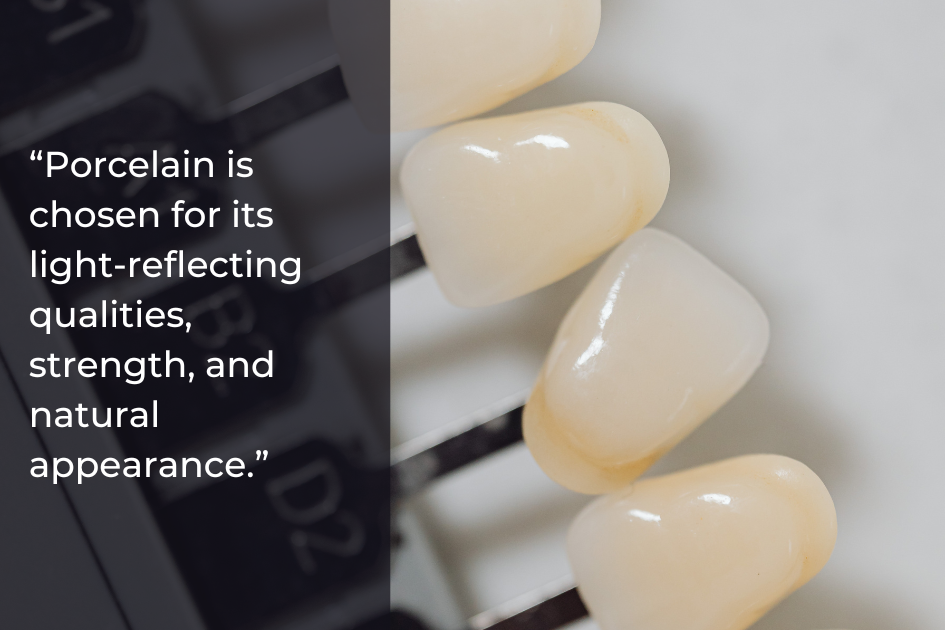 Close-up of porcelain dental crowns on shade guides, accompanied by a quote highlighting their light reflection, strength, and natural look—where Health Meets Beauty for stunning Smile Makeovers in Ellsworth.