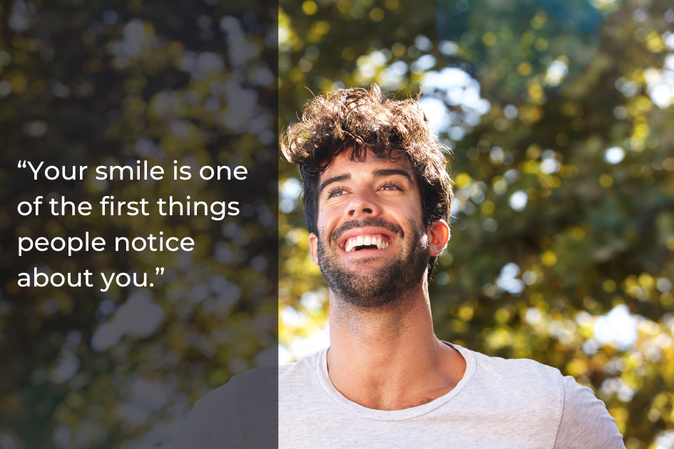 A man with curly hair and a beard smiles outdoors in front of leafy trees, next to a quote about the importance of a smile, embodying the Ellsworth spirit where Health Meets Beauty and stunning Smile Makeovers begin.