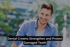 A smiling man outdoors with text overlay: "Dental crowns help strengthen teeth and protect damaged teeth.