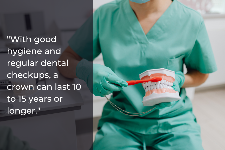 A dental professional in scrubs demonstrates brushing teeth on a dental model, with a quote about how dental crowns help protect damaged teeth and extend their lifespan displayed on the image.