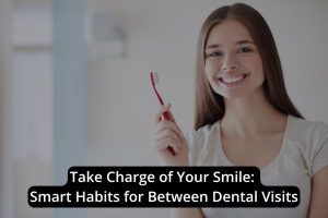 A woman smiles while holding a toothbrush, with text encouraging smart habits and strong oral health between dental visits.