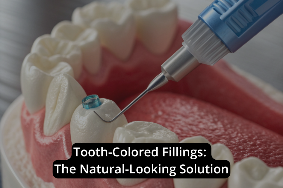 A dental tool applies a tooth-colored filling to a molar on a dental model, illustrating natural-looking fillings for effective tooth restoration.