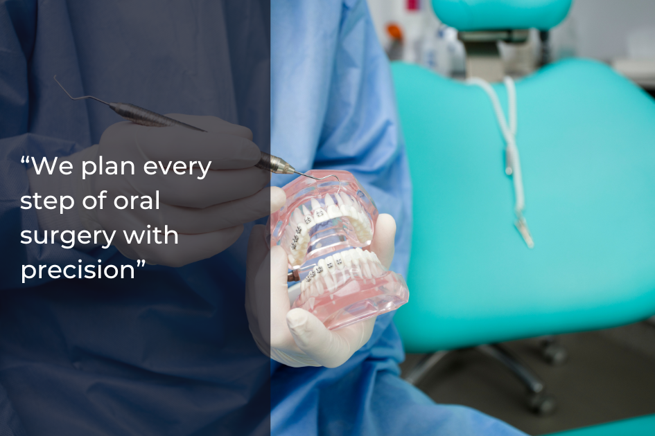 A dental professional from Central Kansas Dentistry in scrubs demonstrates a dentistry procedure on a model of teeth, with dental tools and a chair visible in the background.