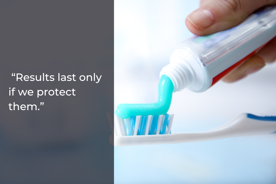 A hand squeezes blue toothpaste onto a toothbrush, with the text “Results last only if we protect them” displayed on the left side—reminding you that a dental plan leads to a healthier smile in the New Year.