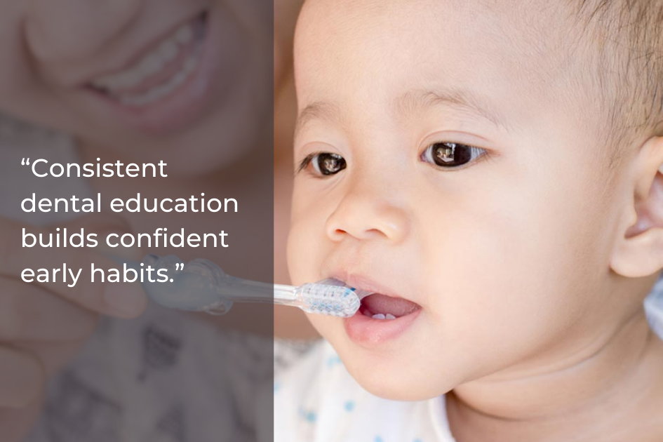 A close-up of an adult brushing a baby's teeth with a toothbrush, with a quote about the importance of Children’s Dental Health on the left side.