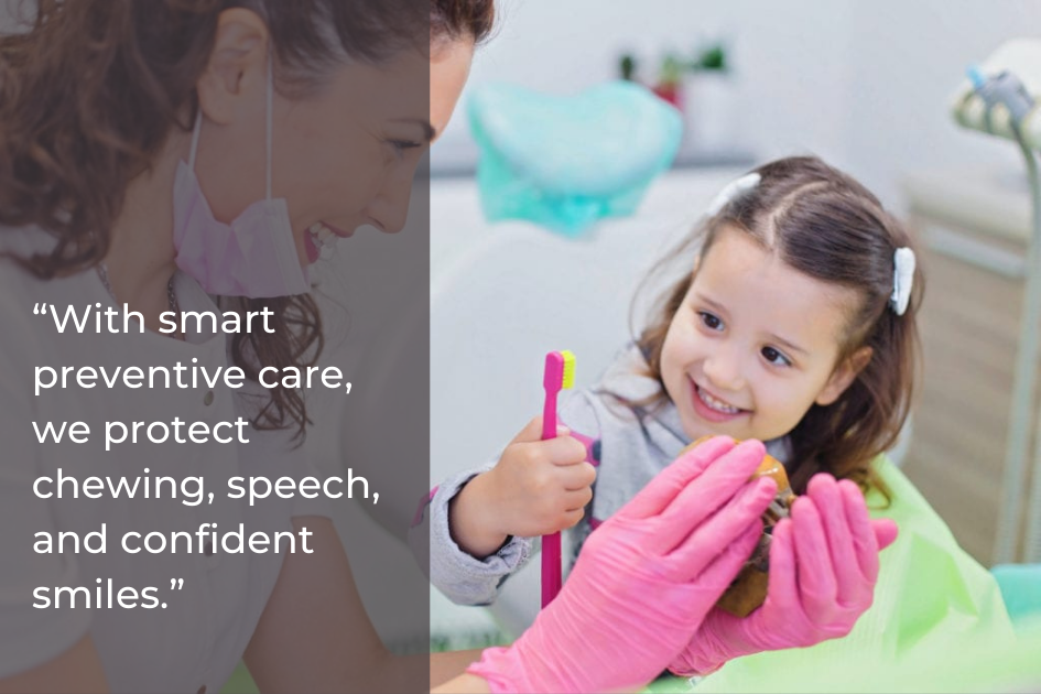 A dentist shows a young girl how to brush teeth using a model and toothbrush in a dental office. Text overlay highlights Children’s Dental Health tips for preventive care and achieving healthy smiles.